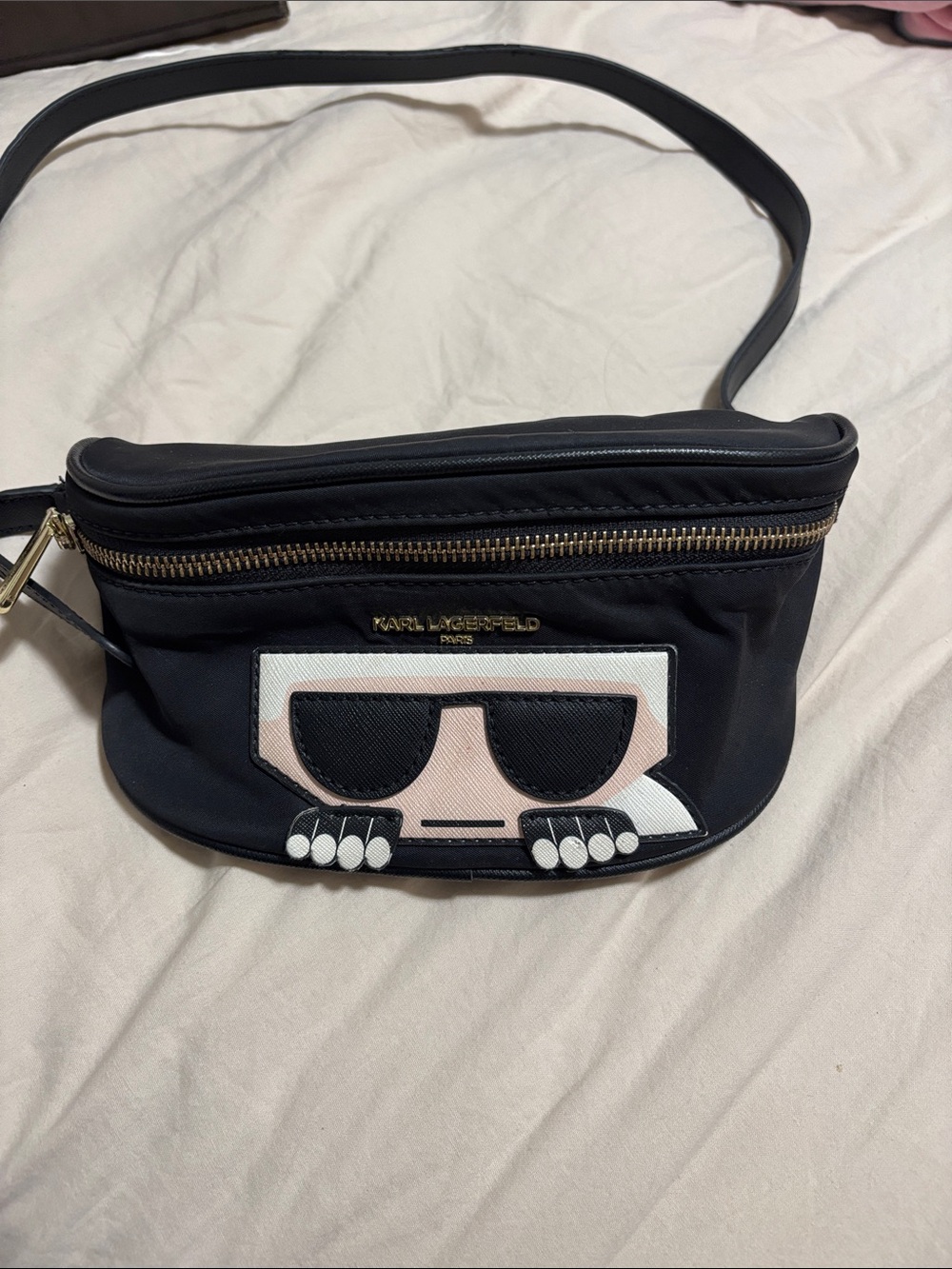 Karl Lagerfeld Black Belt Bag with Pink & White Karl Patch